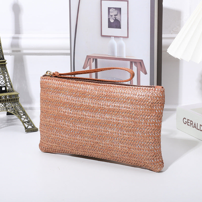 Straw Woven Wrist Strap Zipper Large Wallet