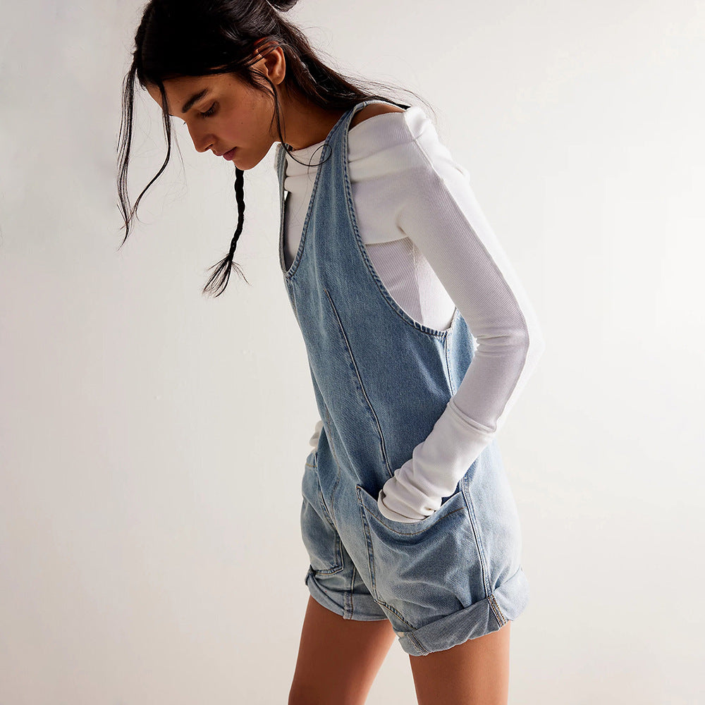 Adjustable Strap Wash Denim Overall Shorts