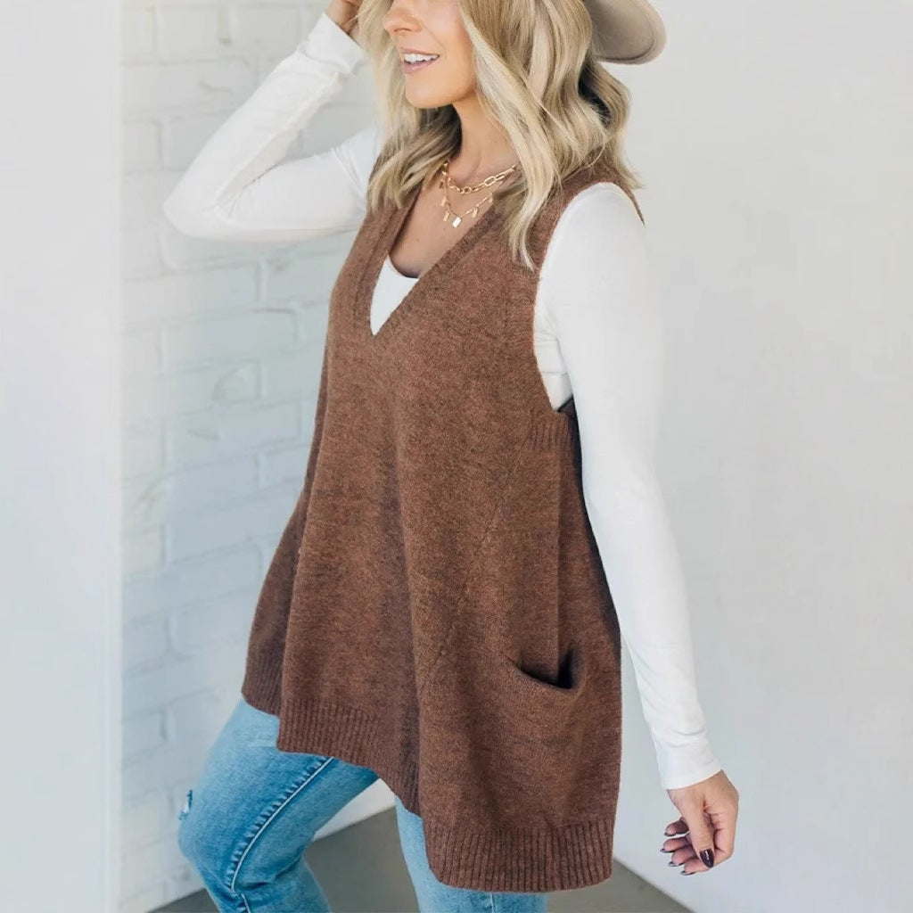 Autumn and winter solid color V-neck knitted vest sleeveless sweater