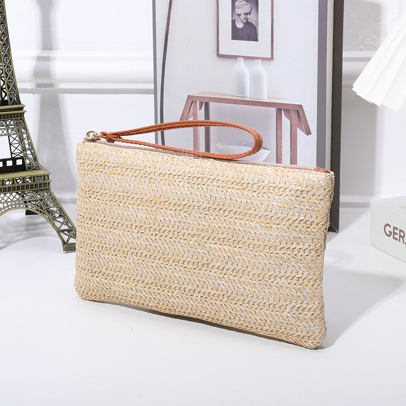Straw Woven Wrist Strap Zipper Large Wallet