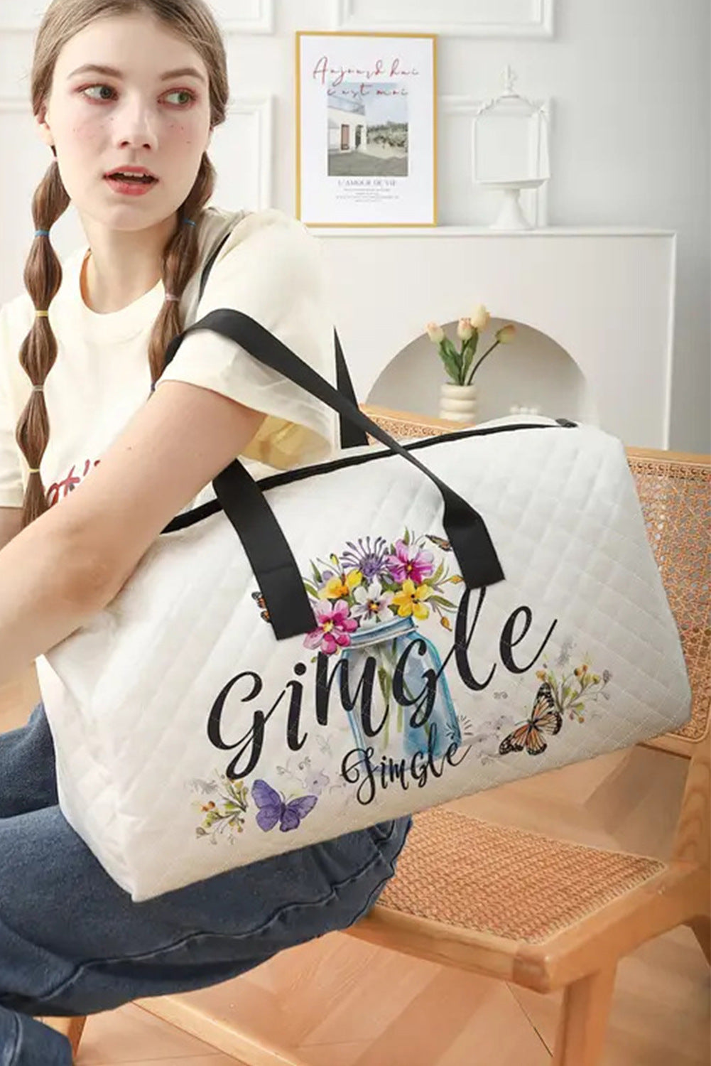 Flower Print Quilted Large Duffel Bag