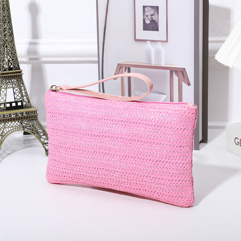 Straw Woven Wrist Strap Zipper Large Wallet