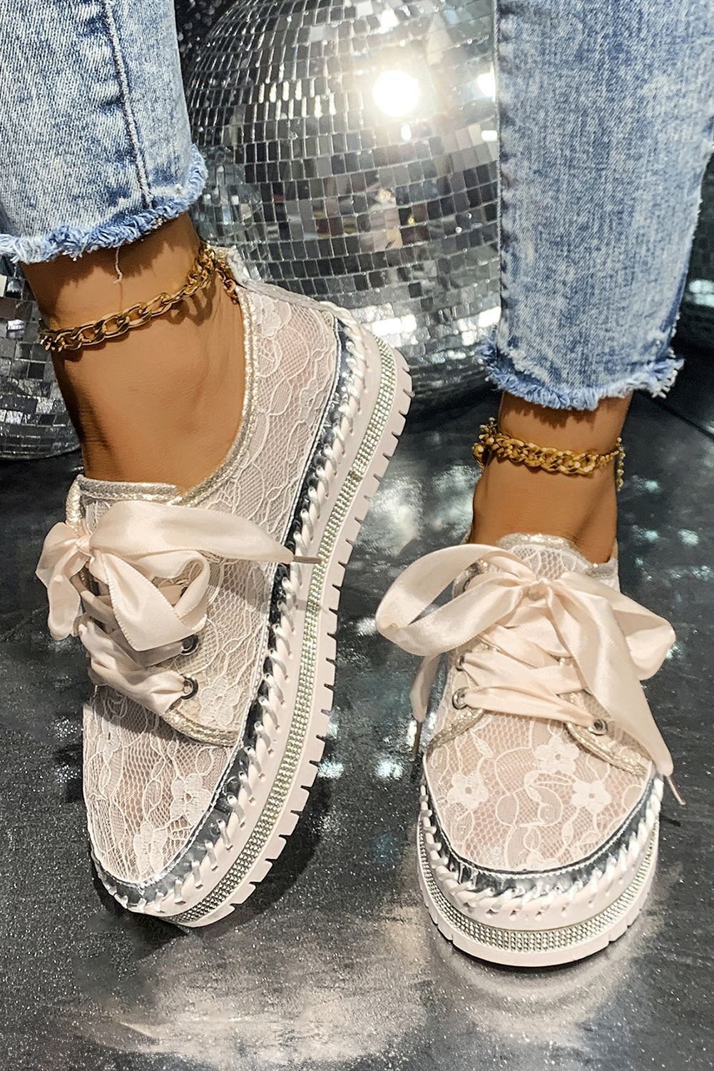 Ribbon Tie Stitch Detail Lace Flat Shoes