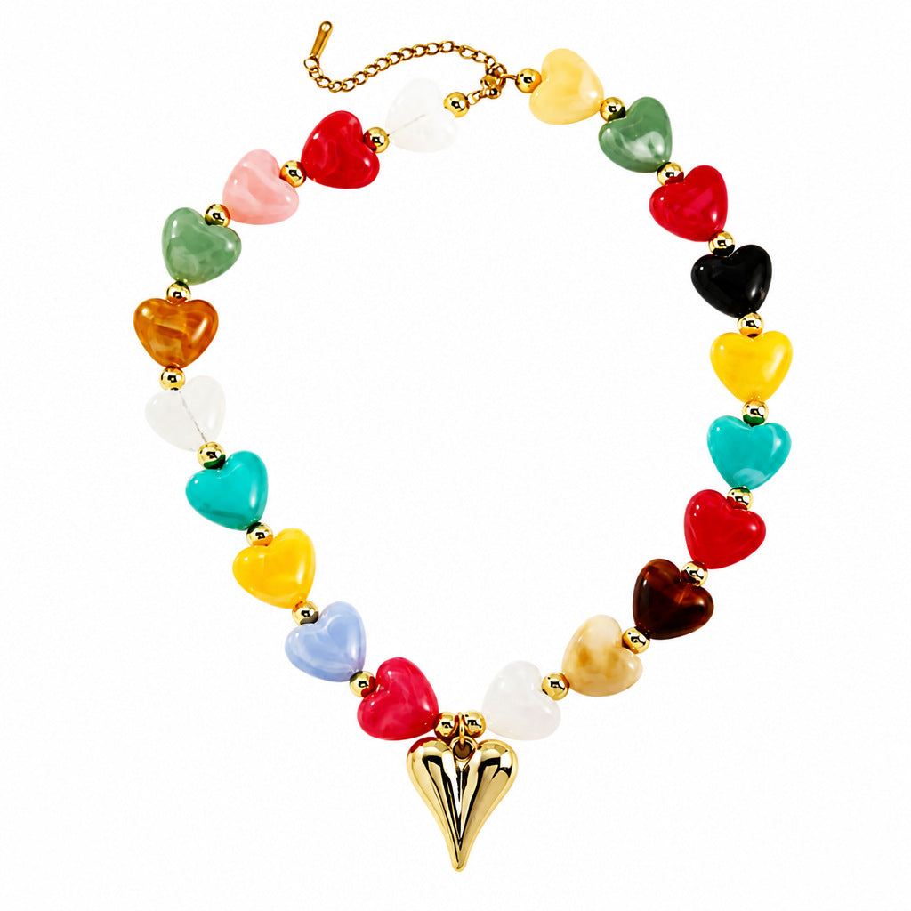 Chunky Marbled Resin Bead Puffy Heart Necklace