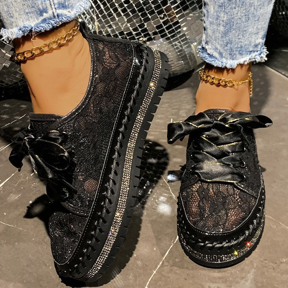 Ribbon Tie Stitch Detail Lace Flat Shoes