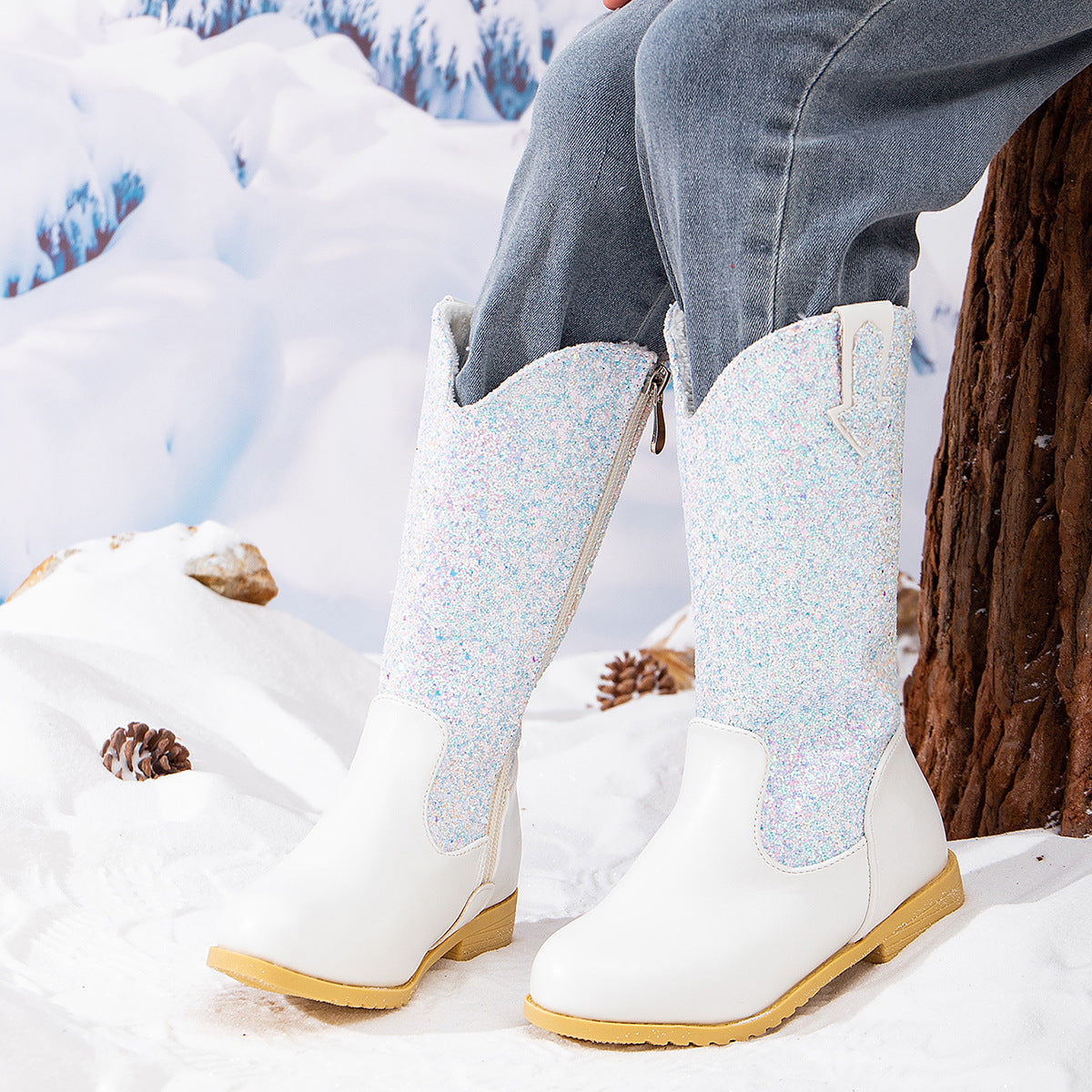 Kid Sequined Velvet Warm Round Toe Boots