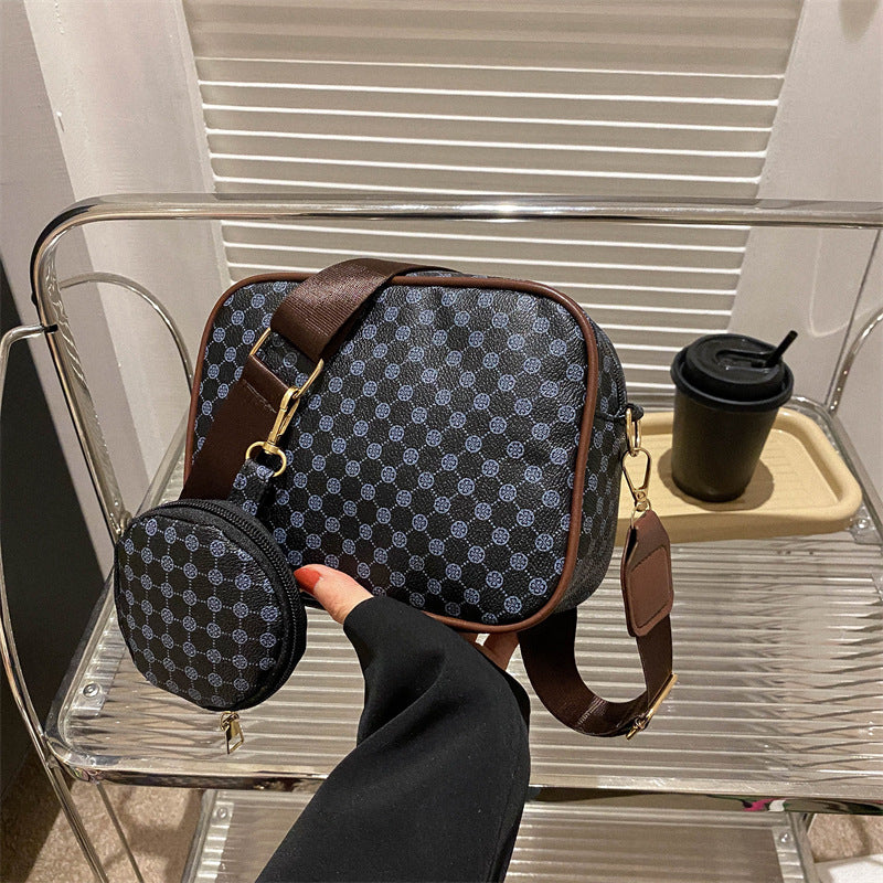 Coffee Checkered Print PU Leather Shoulder Bag with Coin Wallet