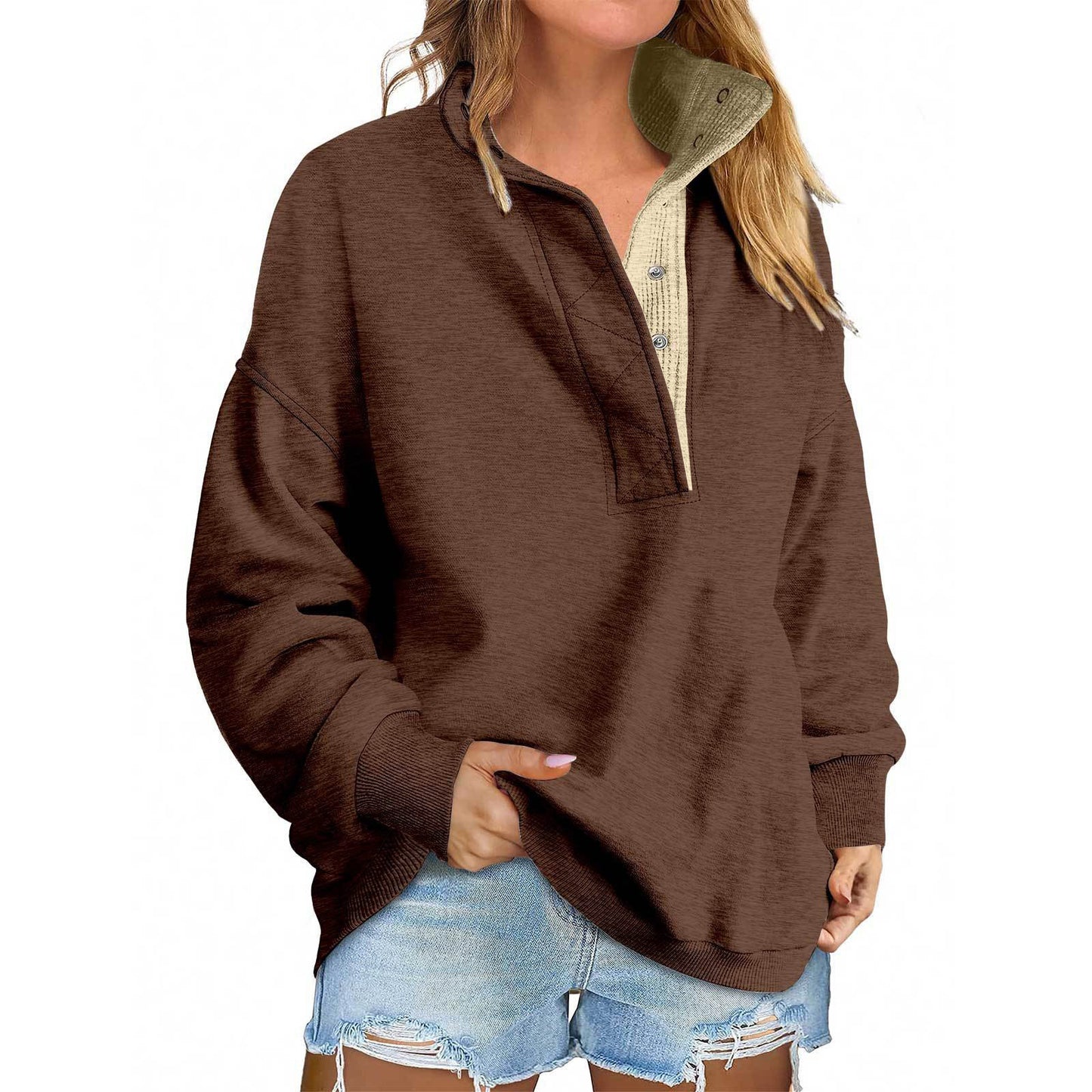 Solid Color New Loose Button Pullover Sweatshirt
