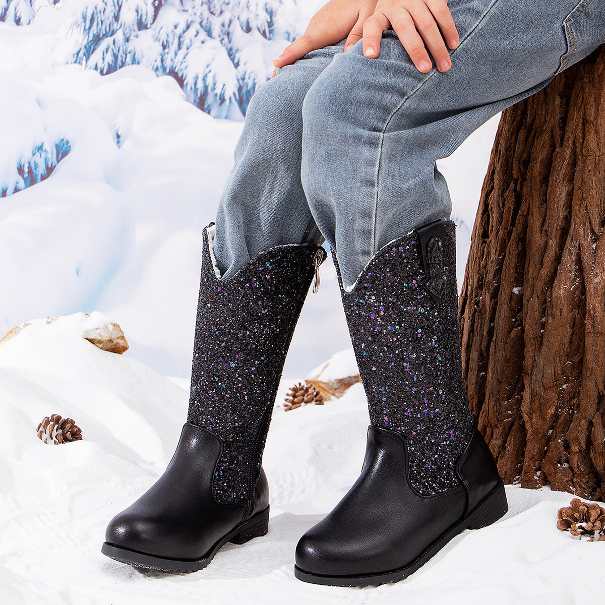 Kid Sequined Velvet Warm Round Toe Boots