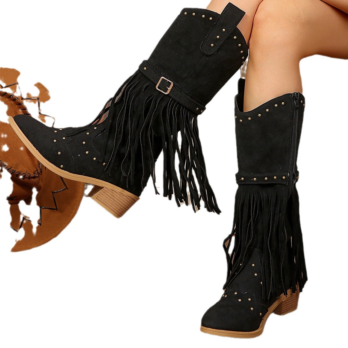 Women's tassel boots rivet belt buckle mid-calf boots