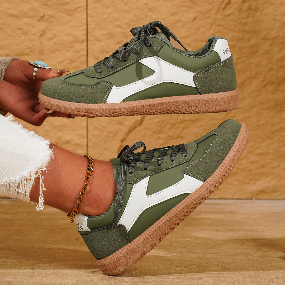 PU Leather Stitched Color Block Casual Lace-Up Sneakers