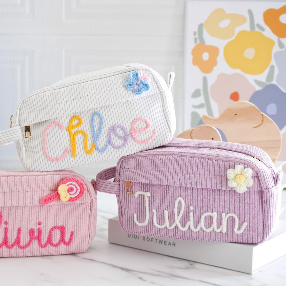 Custom Embroidered Name Seersucker Cosmetic Bag