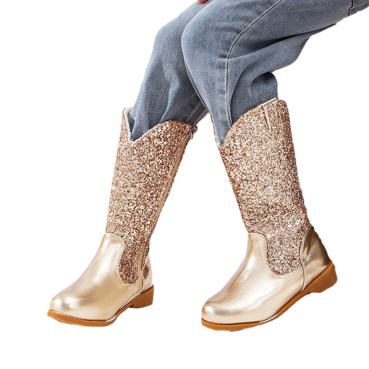 Kid Sequined Velvet Warm Round Toe Boots