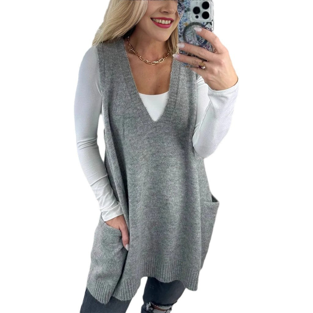 Autumn and winter solid color V-neck knitted vest sleeveless sweater