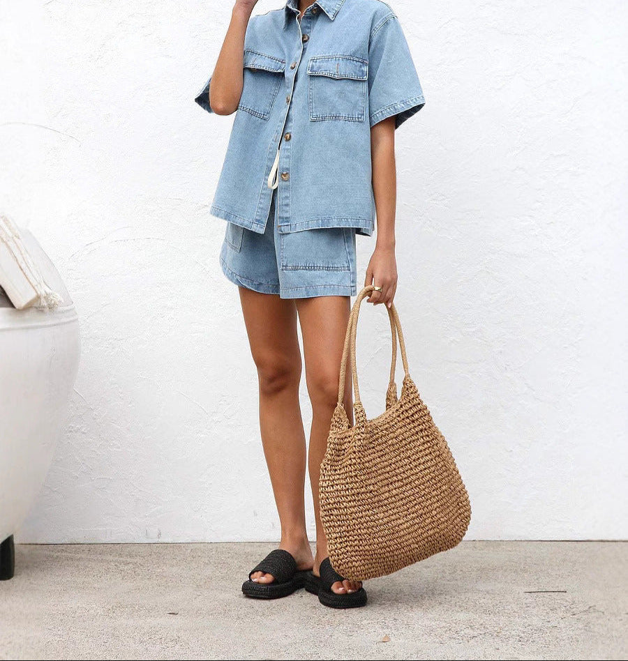Casual Loose Pocket Short Sleeved Shirt Denim Two-Piece Set