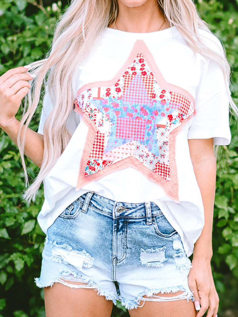 Fashionable Star Shaped Patch Fabric Three Quarter Sleeve Top