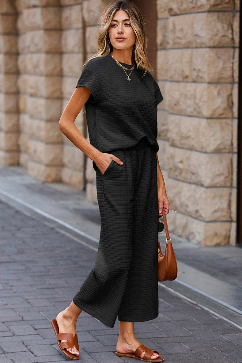Textured Top and Wide-leg Pants Set