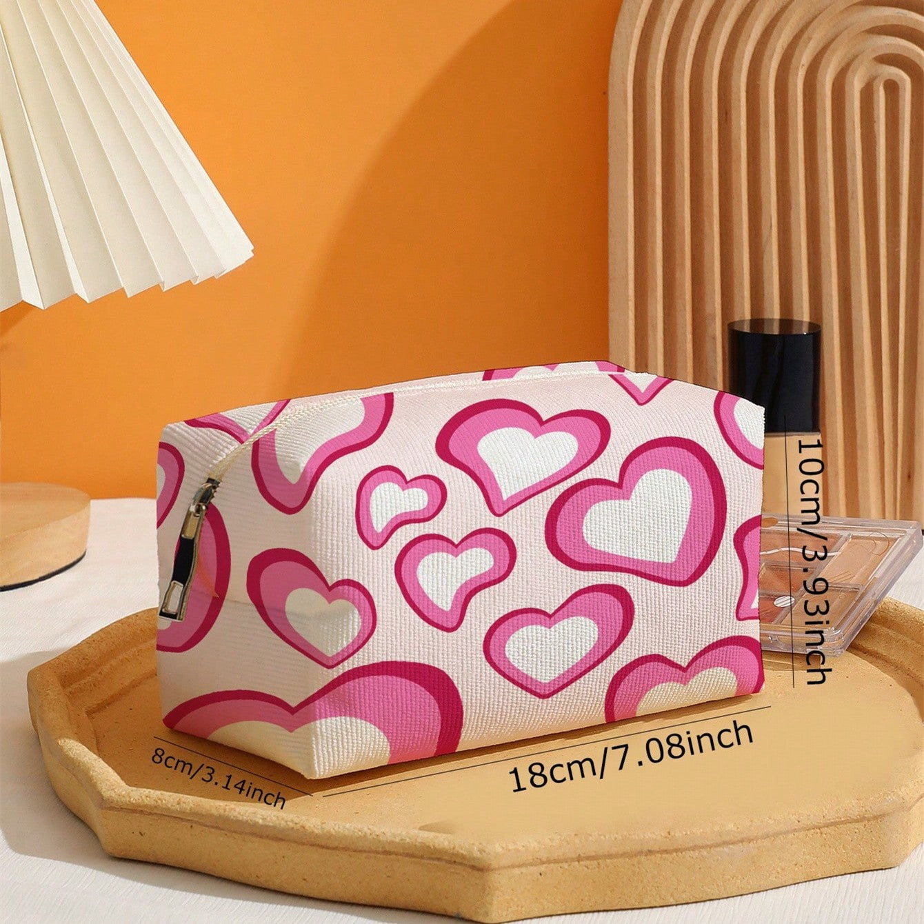Pink Heart Printed Canvas Cosmetic Bag