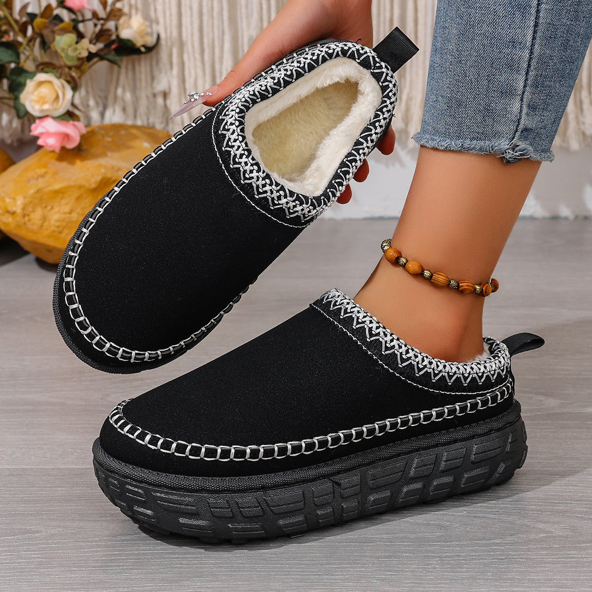 Thick-Soled Warm Ethnic Style Half-Slip