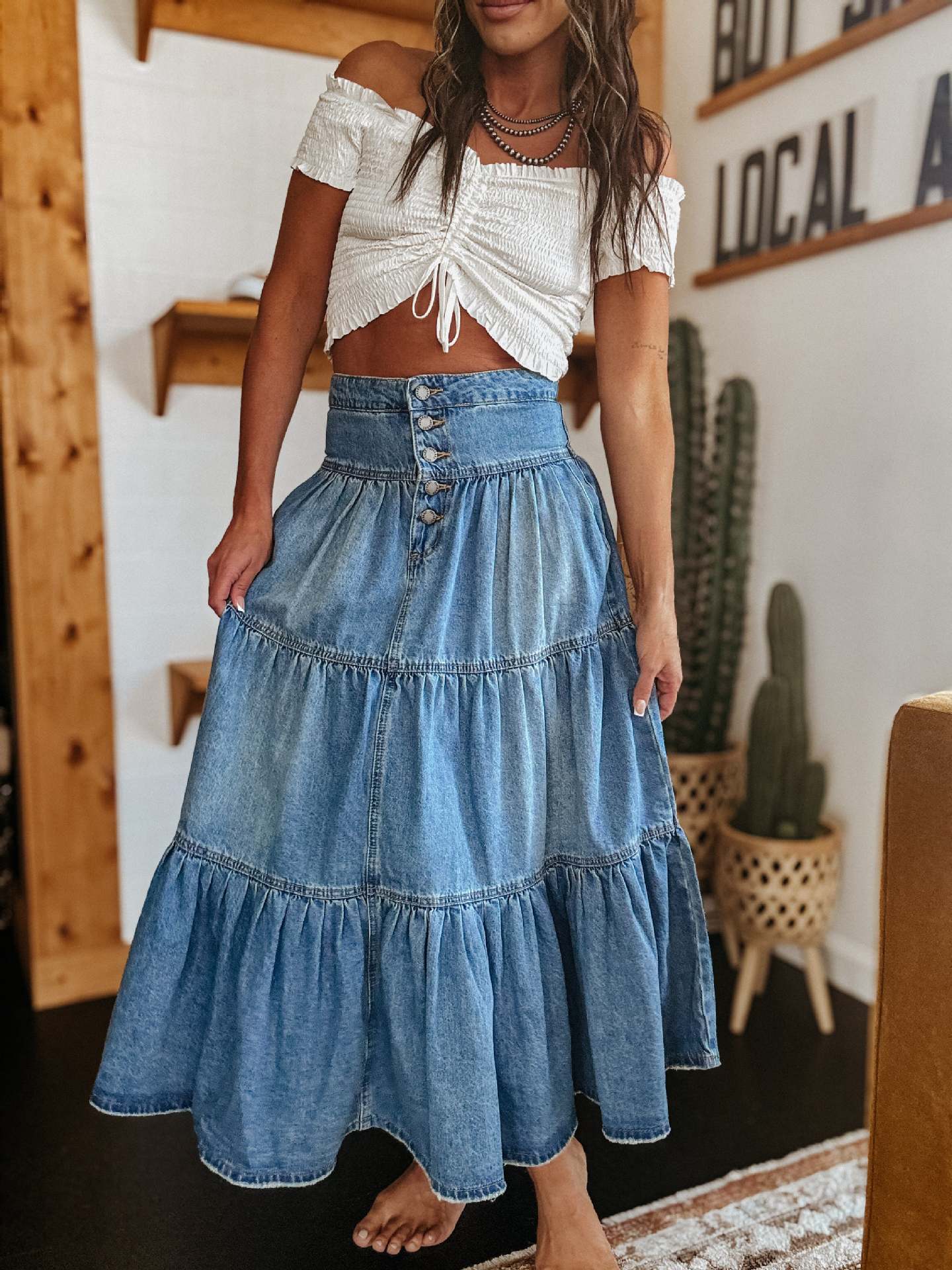 A-LINE LAYERED DENIM SKIRT