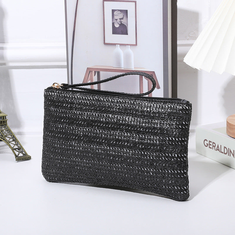 Straw Woven Wrist Strap Zipper Large Wallet