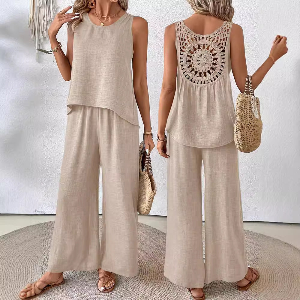 Hollow Lace Fashion Casual Vest Wide Leg Pants