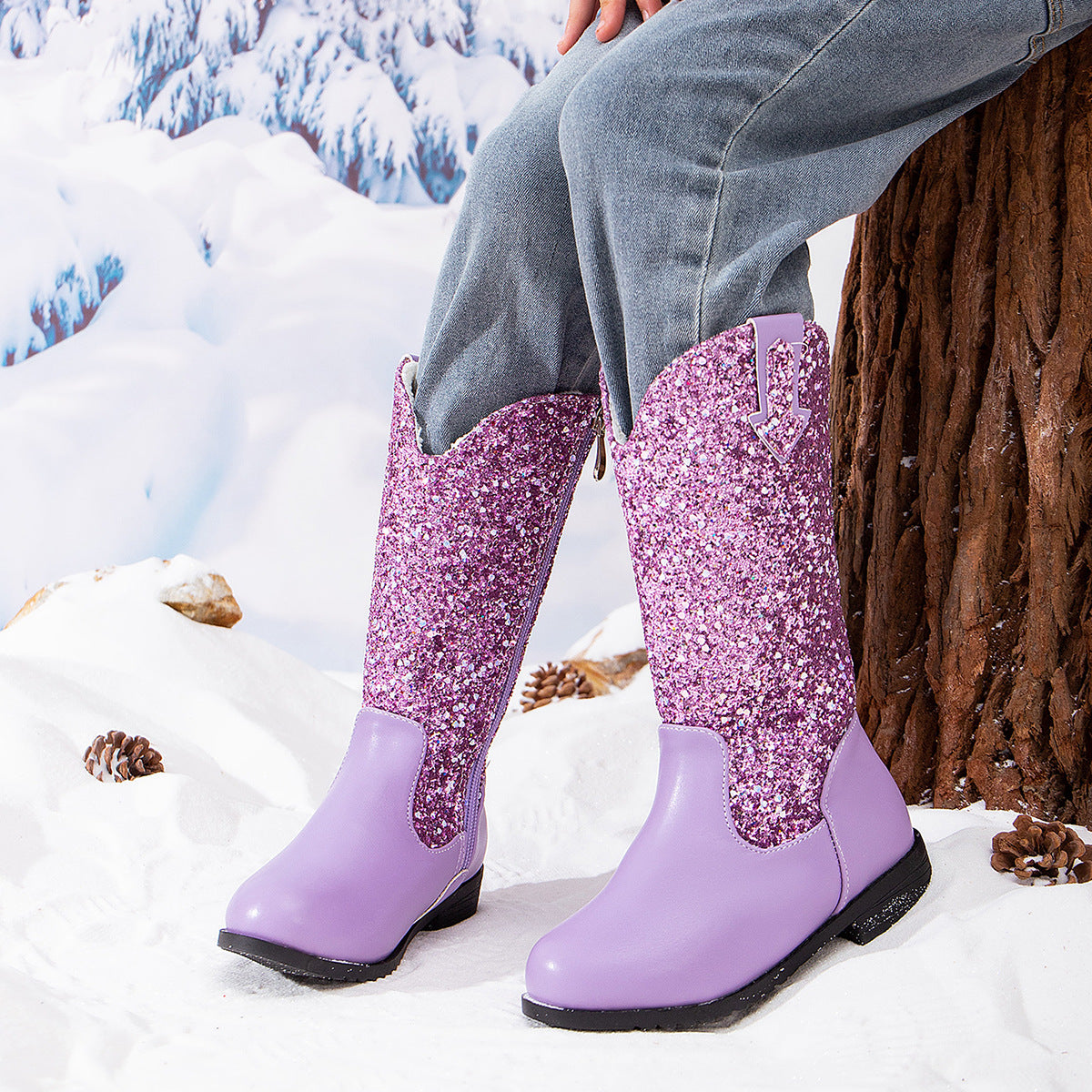 Kid Sequined Velvet Warm Round Toe Boots