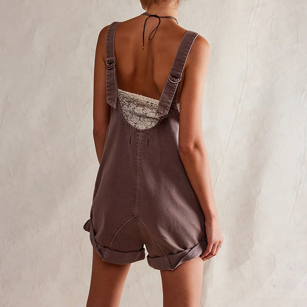 Adjustable Strap Wash Denim Overall Shorts