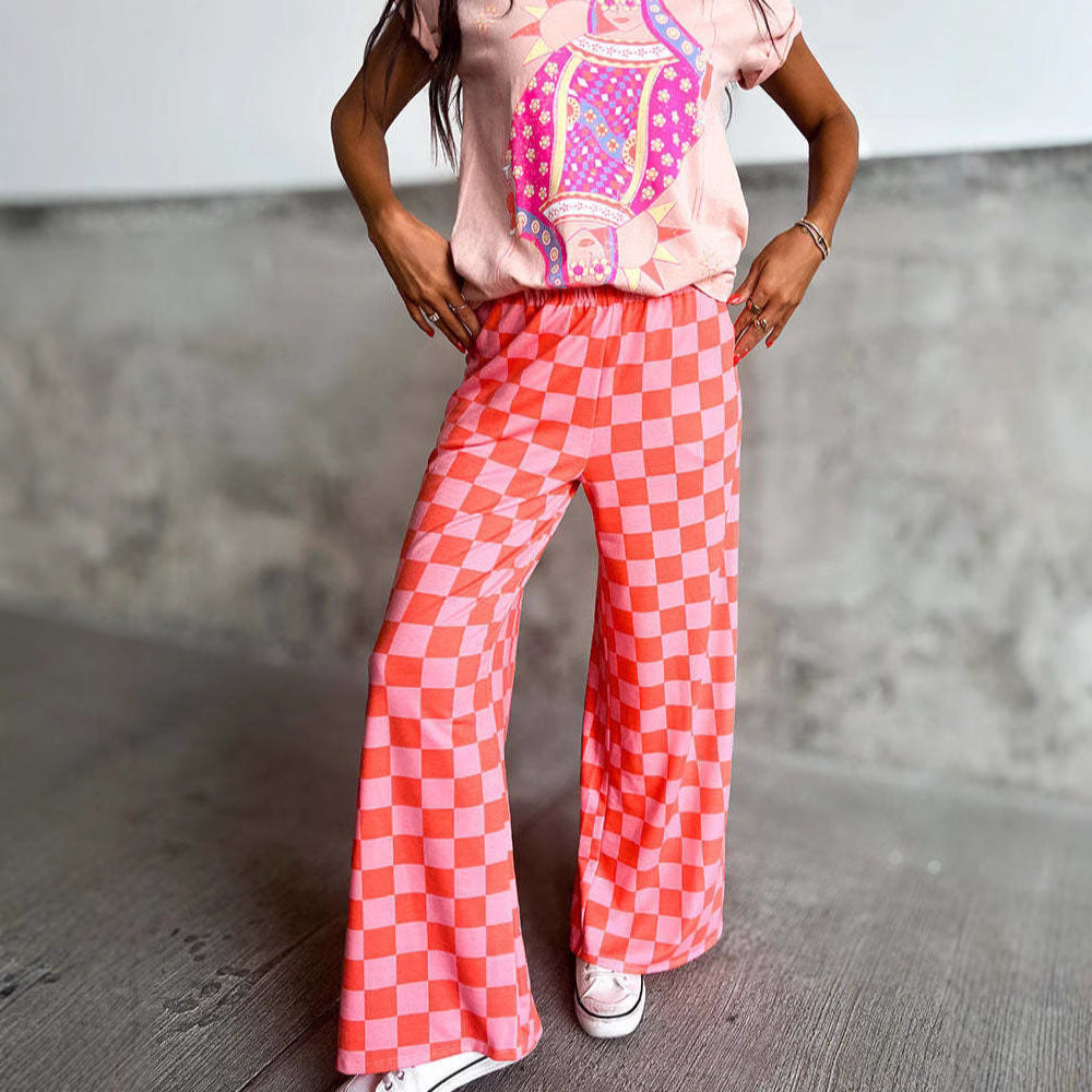 Checkerboard Print Casual Pants