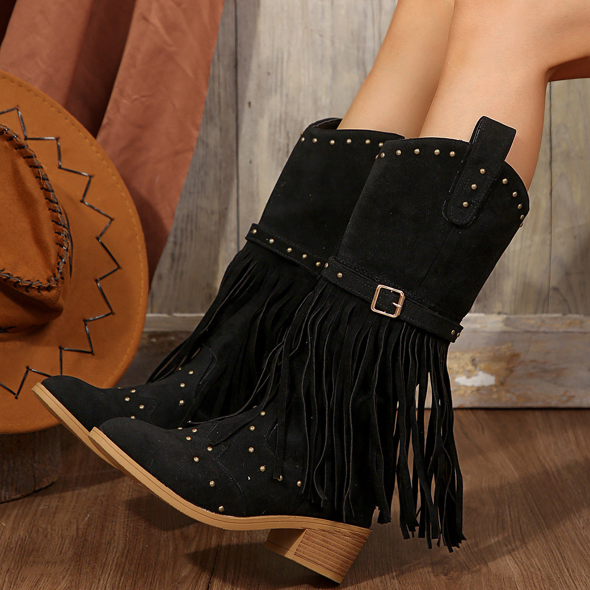 Women's tassel boots rivet belt buckle mid-calf boots