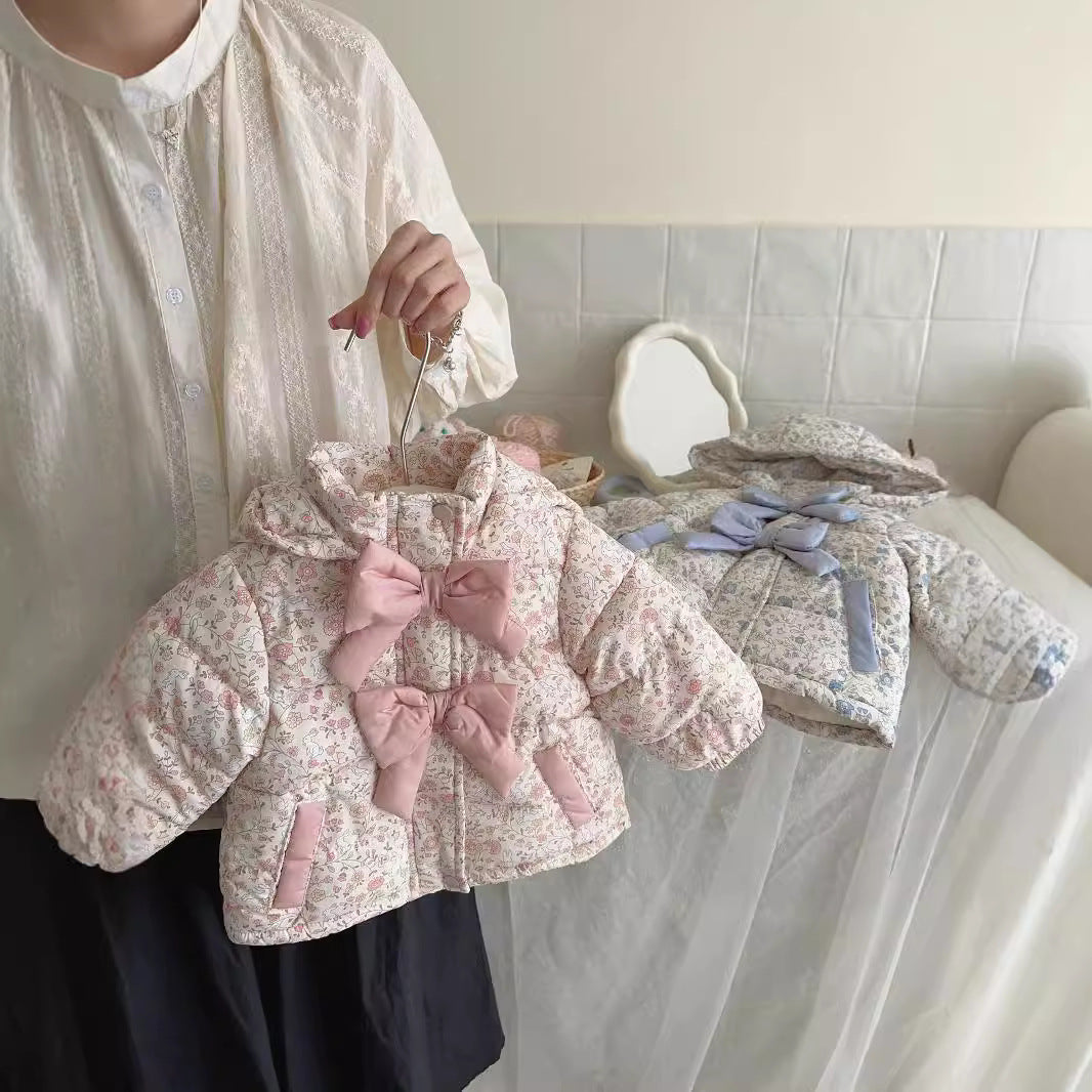 Kids' Floral Bow Hooded Down Jacket