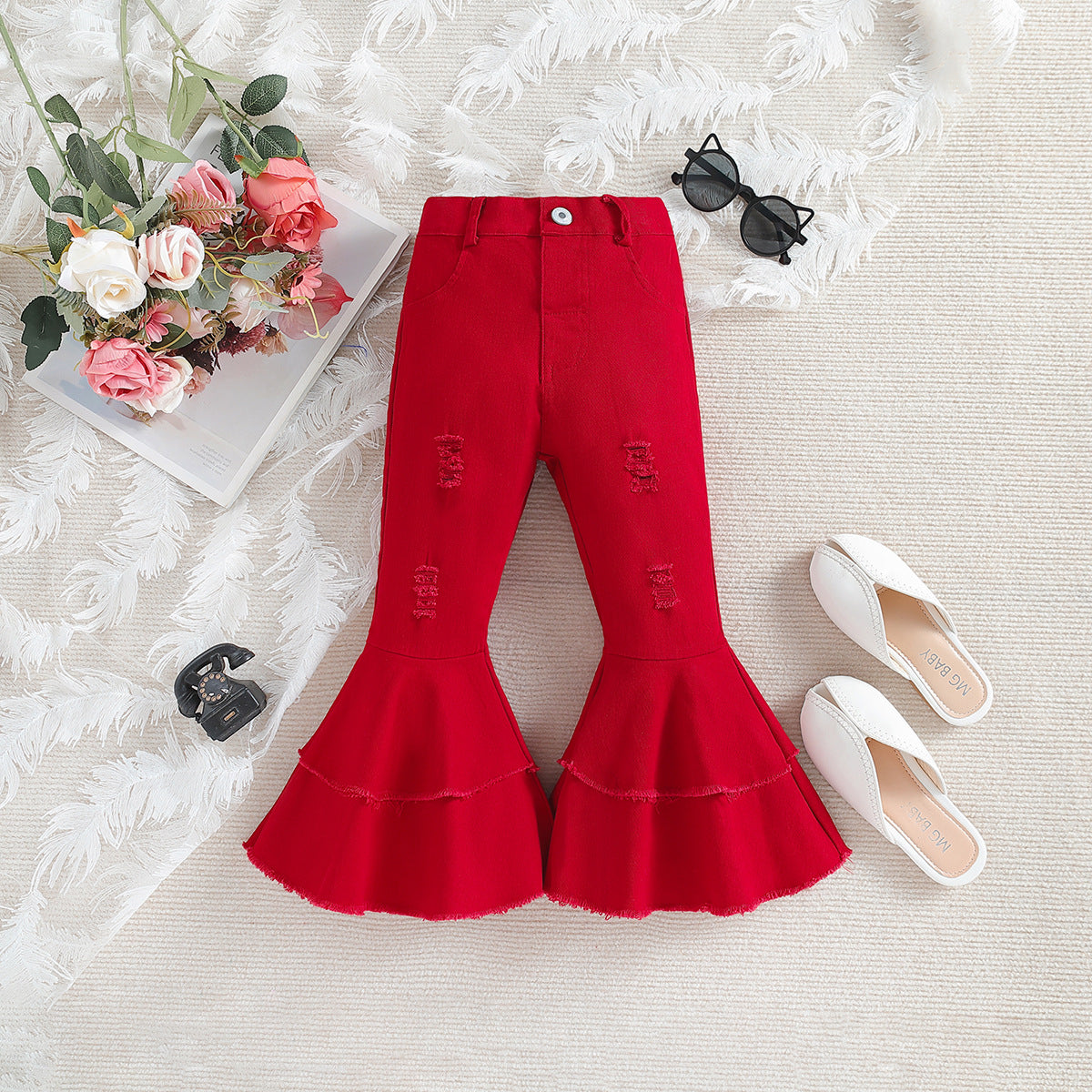 Fashionable Girls' Pink Ripped Flared Pants