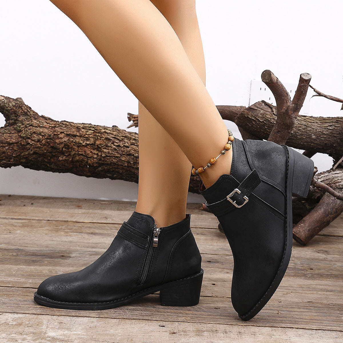 Women's Leather Block Heel Zipper Slip-on Martin Boots