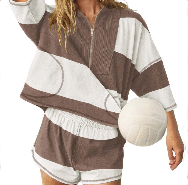 Striped Short-sleeved Oversized Shorts Two-piece Suit