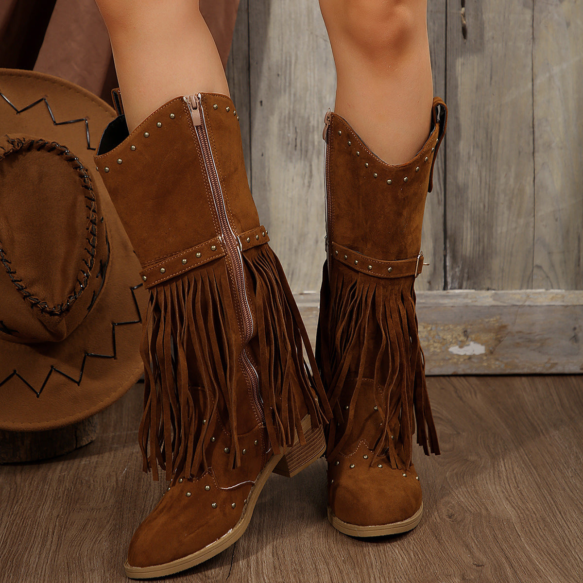 Women's tassel boots rivet belt buckle mid-calf boots