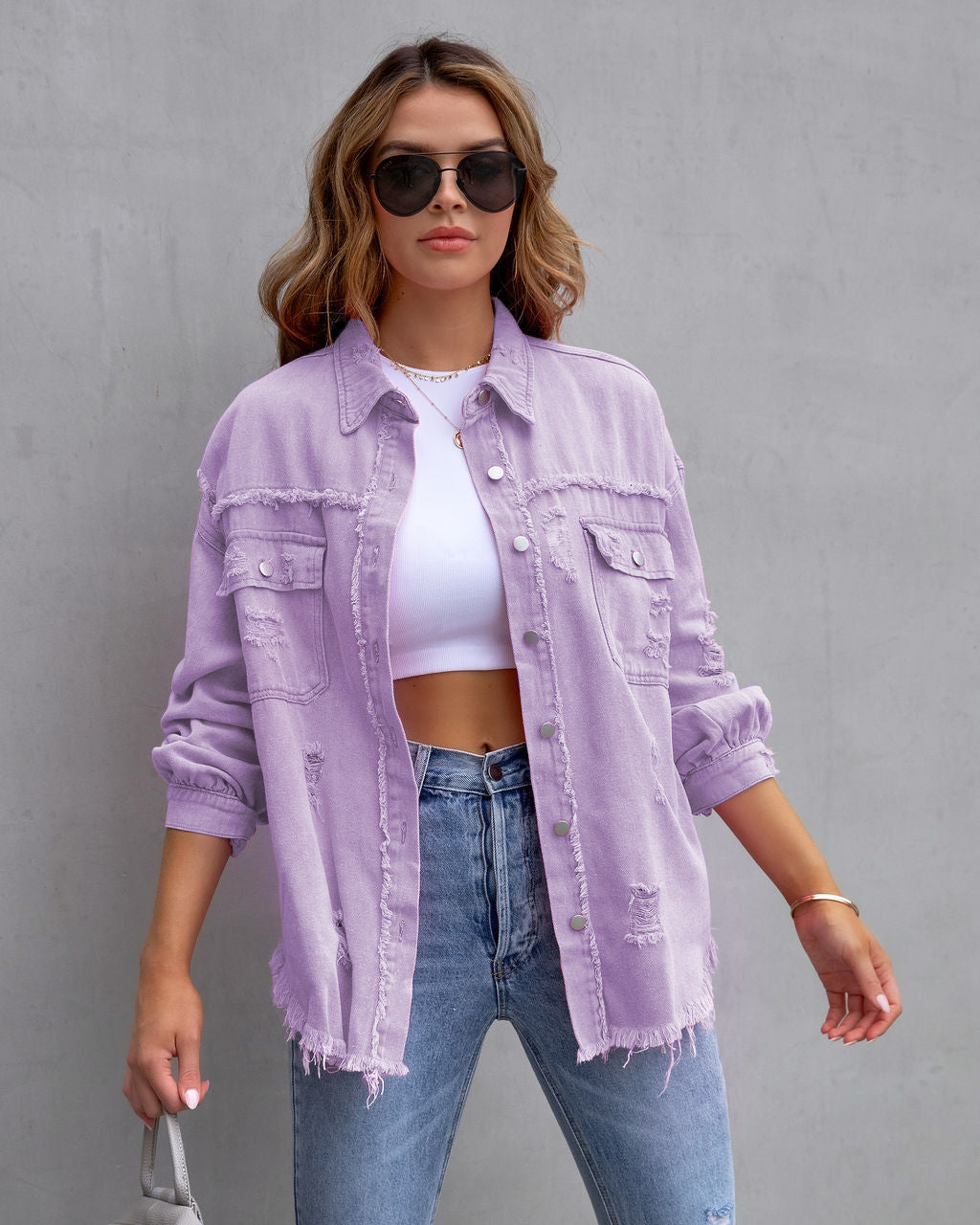 Long Raw Edge Ripped Denim Jacket