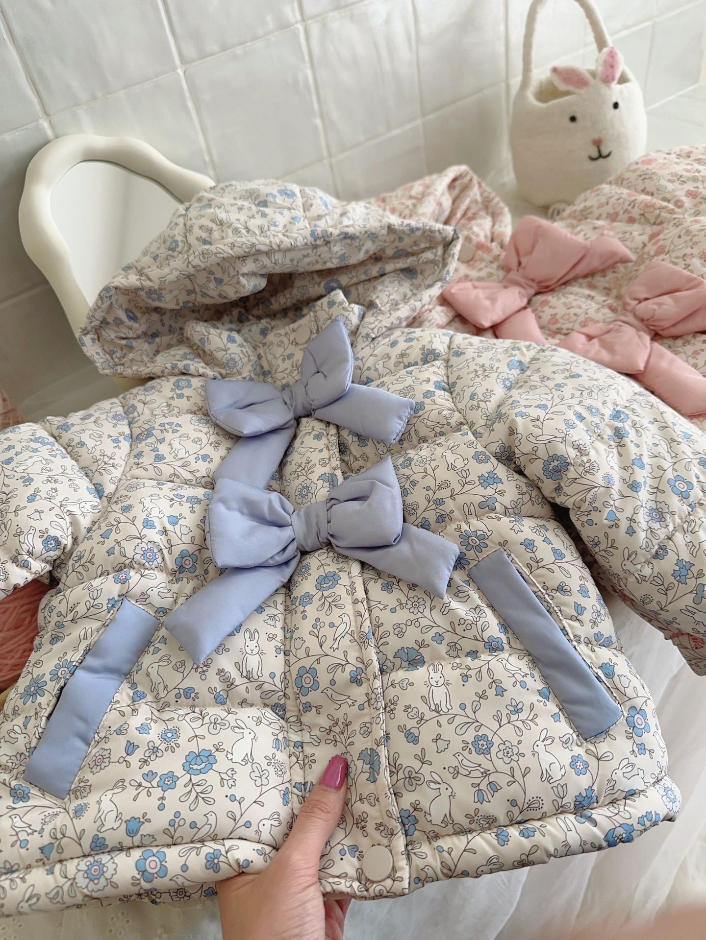 Kids' Floral Bow Hooded Down Jacket