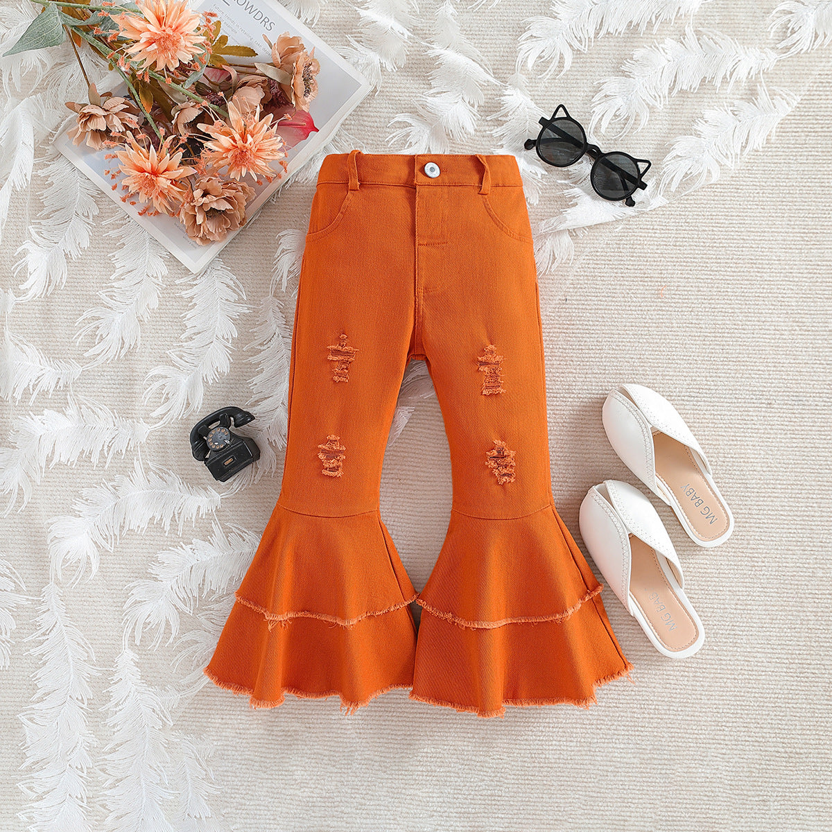Fashionable Girls' Pink Ripped Flared Pants