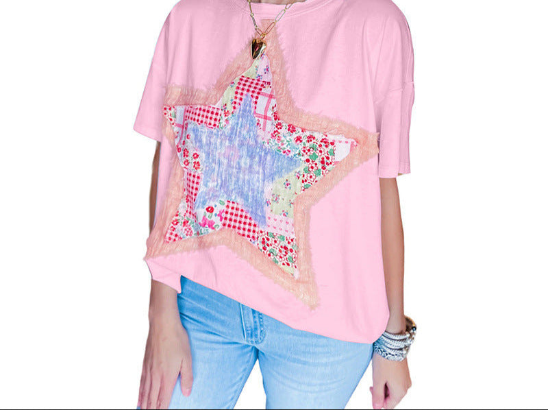 Fashionable Star Shaped Patch Fabric Three Quarter Sleeve Top