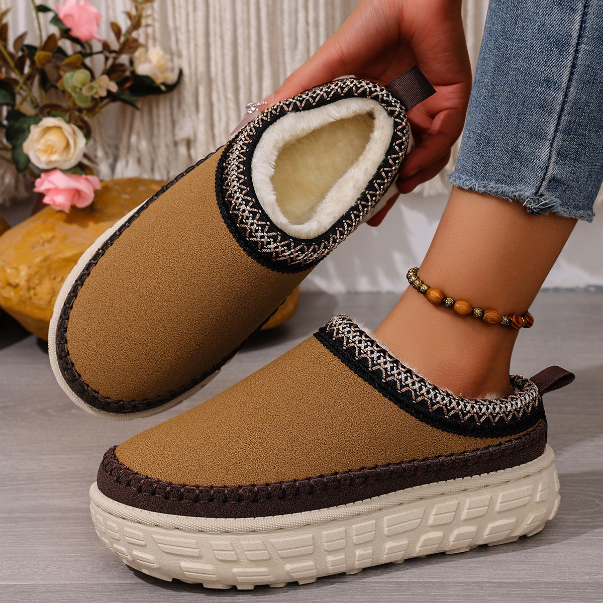 Thick-Soled Warm Ethnic Style Half-Slip