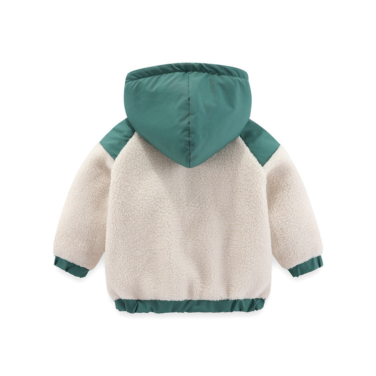 Children's cotton-padded embroidered hooded color-blocked jacket