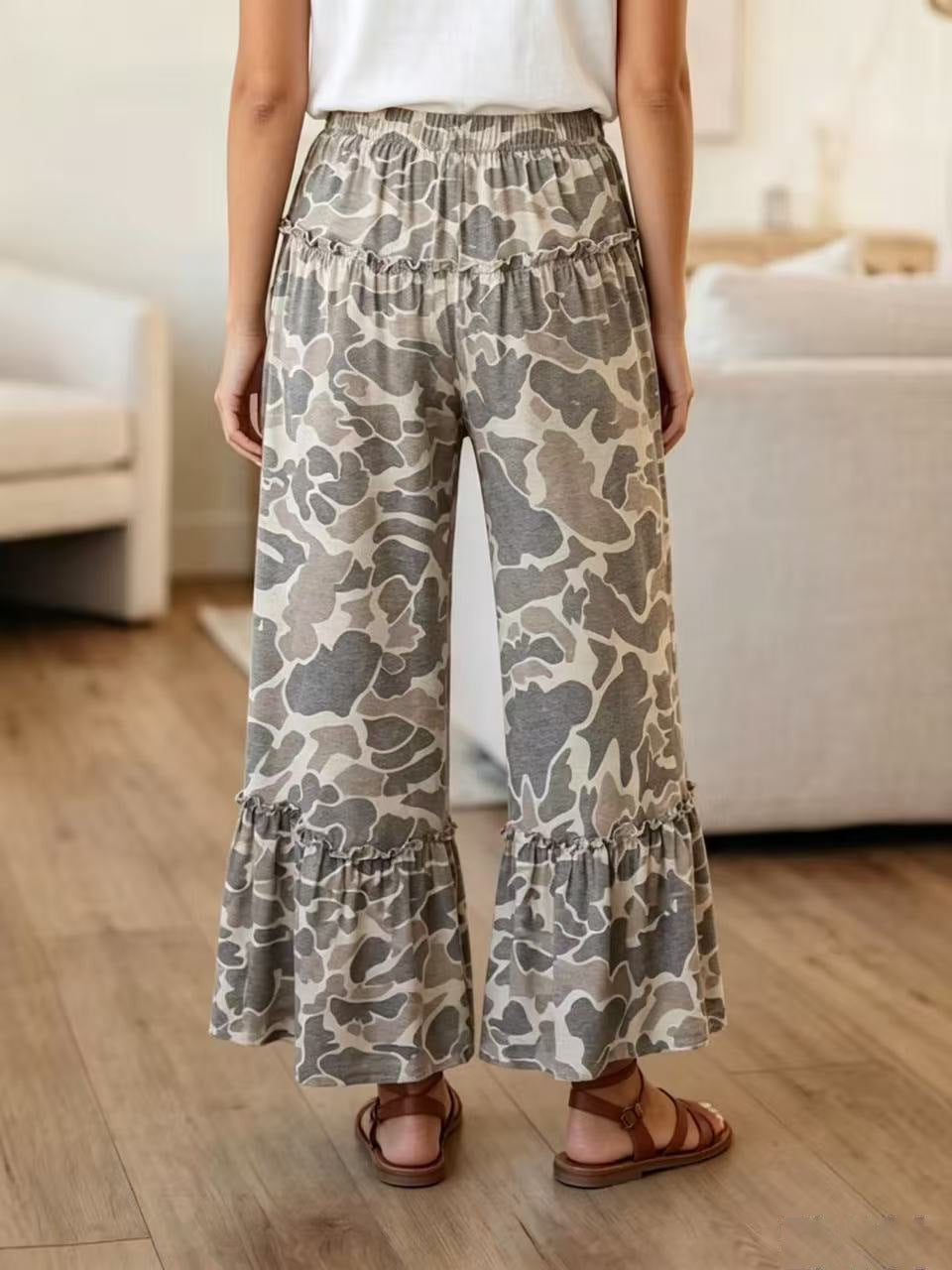 Camo Print Wide Leg Casual Pants