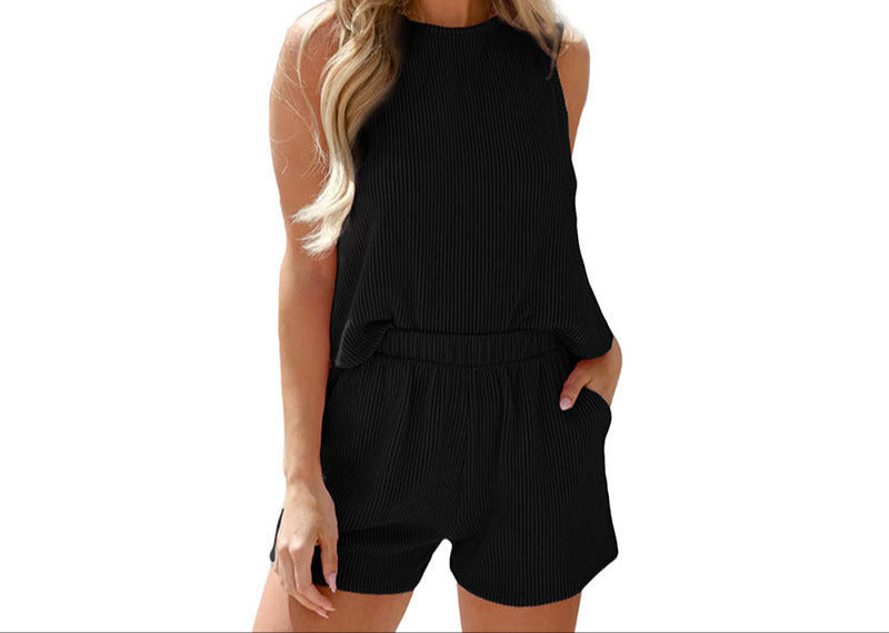 Fashion Ribbed Sleeveless Top Shorts Two-piece Set