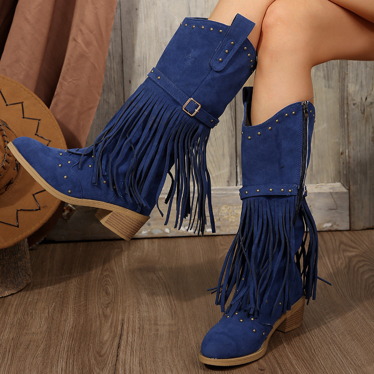 Women's tassel boots rivet belt buckle mid-calf boots