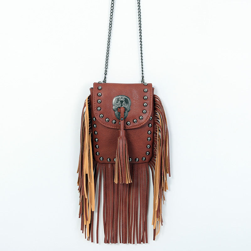 Gray Vintage Tassel Rivet Single Shoulder Bag-Brown