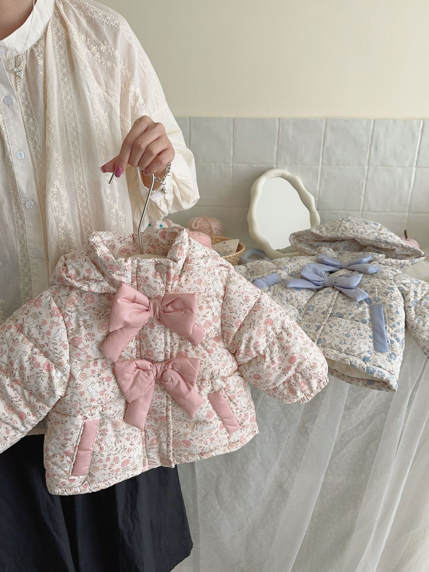 Kids' Floral Bow Hooded Down Jacket