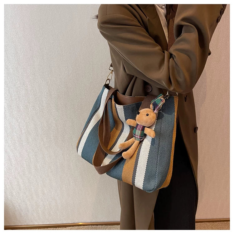 Canvas Striped Convertible Tote Bag