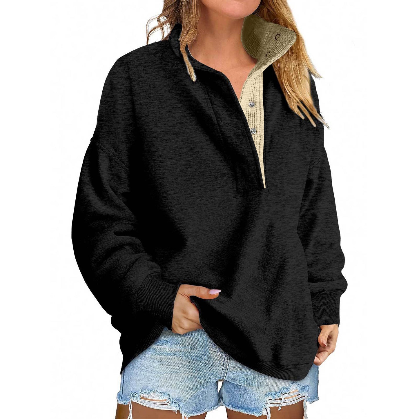 Solid Color New Loose Button Pullover Sweatshirt