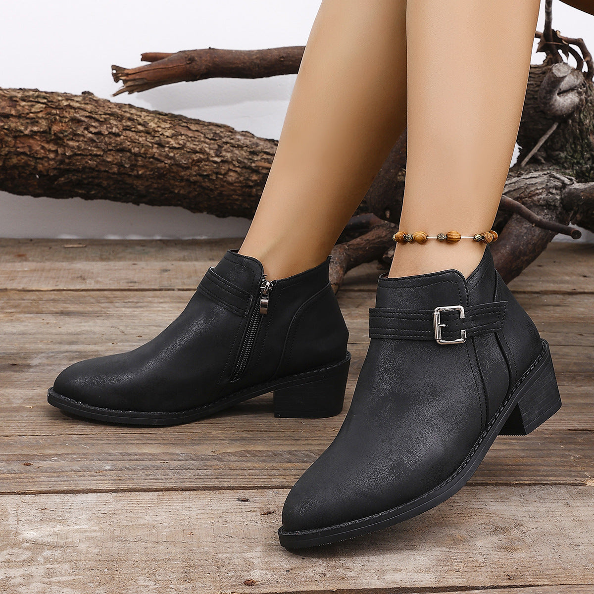 Women's Leather Block Heel Zipper Slip-on Martin Boots