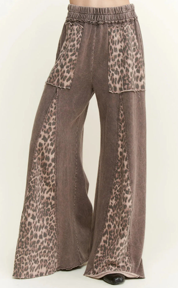 Women's Wide-leg Pants with Leopard Print Waistband